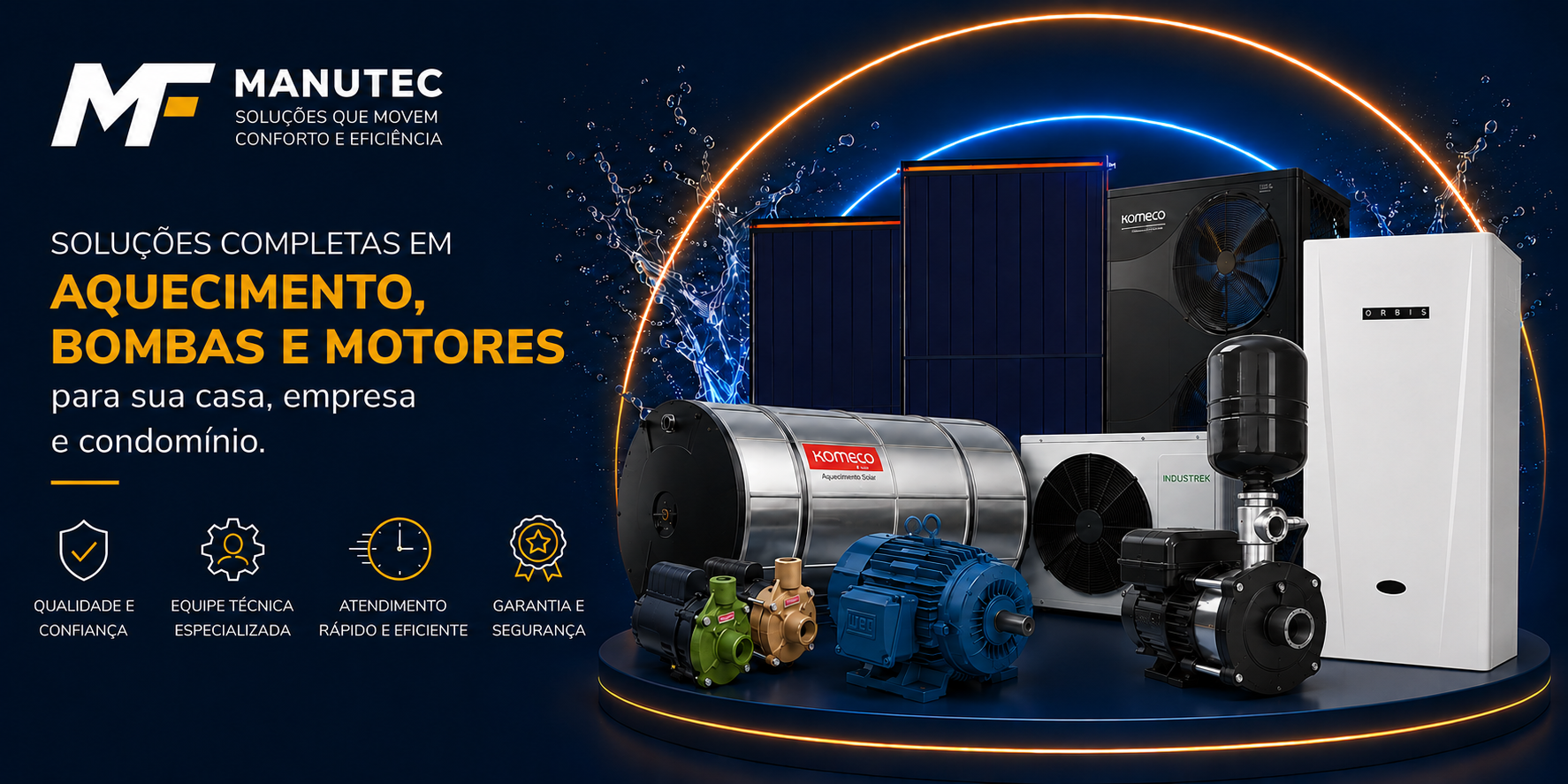Banner da MFMANUTEC com soluções completas em aquecimento, bombas e motores